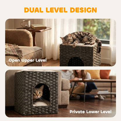 2-Tier Wicker Cat House, Handwoven Rattan Cat Bed with Washable Cushions, Indoor Kitten Condo Hideaway, 43 x 40 x 49 cm, Grey