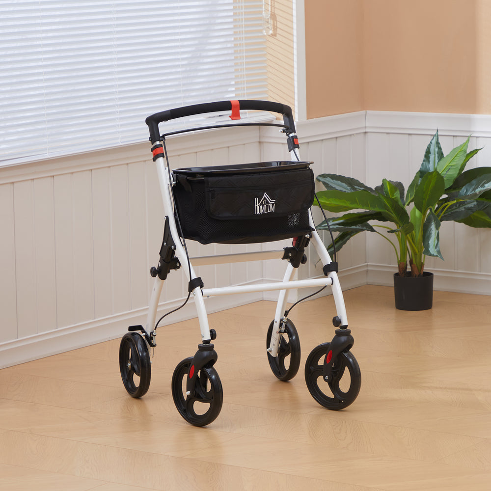 Folding Upright Rollator Walker with Storage Bag, Tray, White