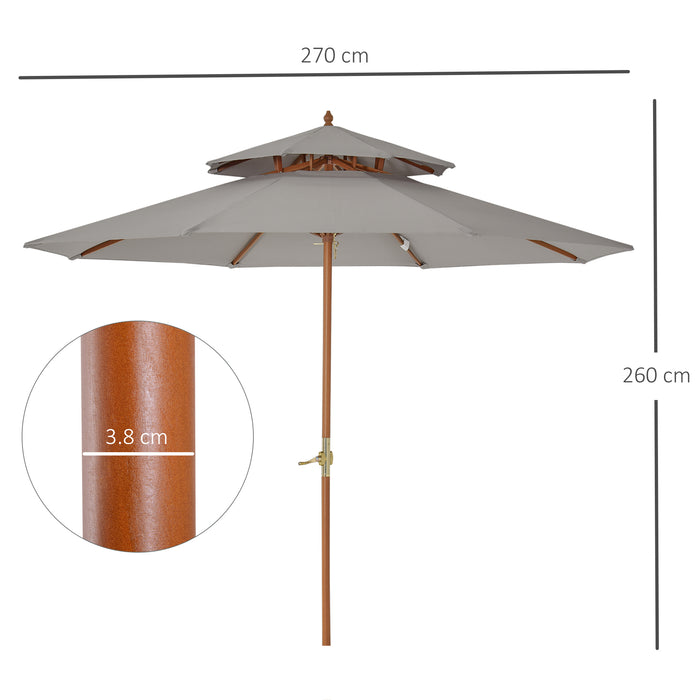 2.7 m Double Tier Outdoor Patio Garden Sun Umbrella Sunshade Wooden Parasol Grey Shade Canopy