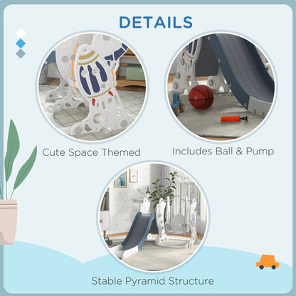 Space-Themed Slide and Swing Set for Kids w/ Basketball Hoop, Blue