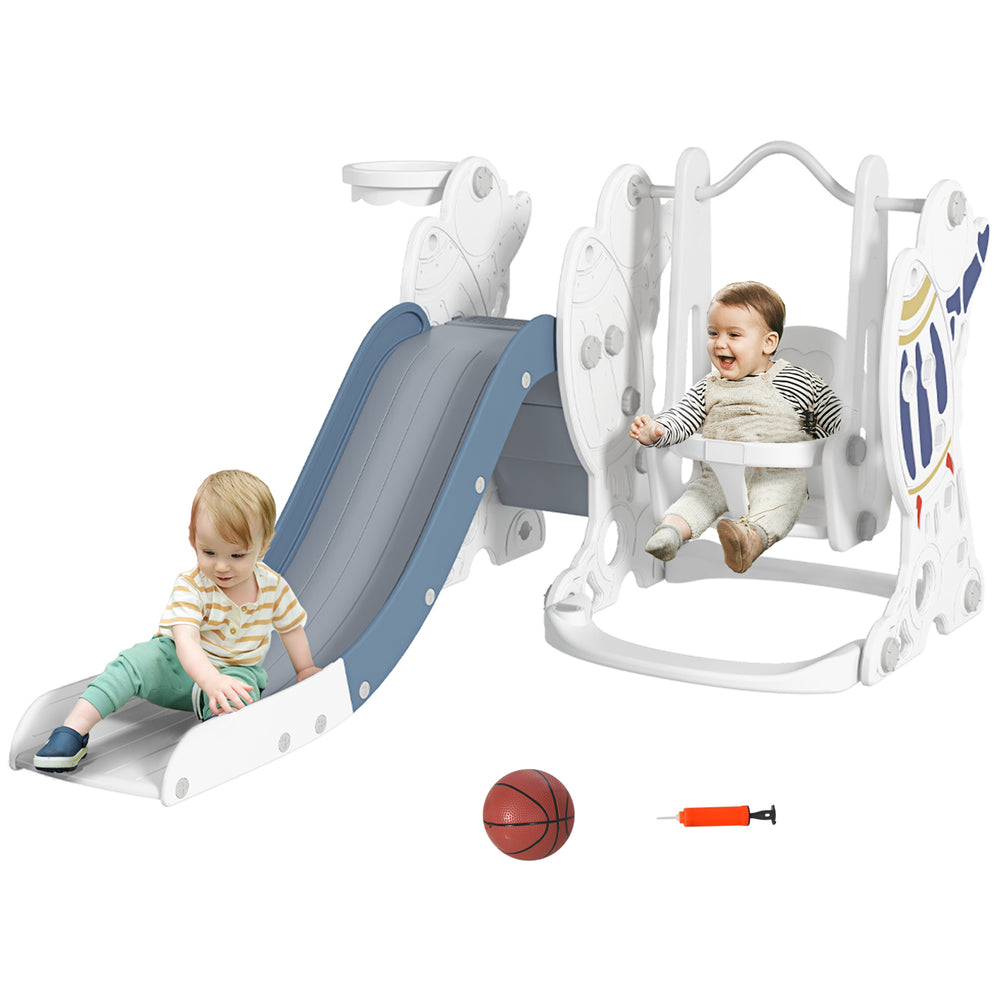 Space-Themed Slide and Swing Set for Kids w/ Basketball Hoop, Blue