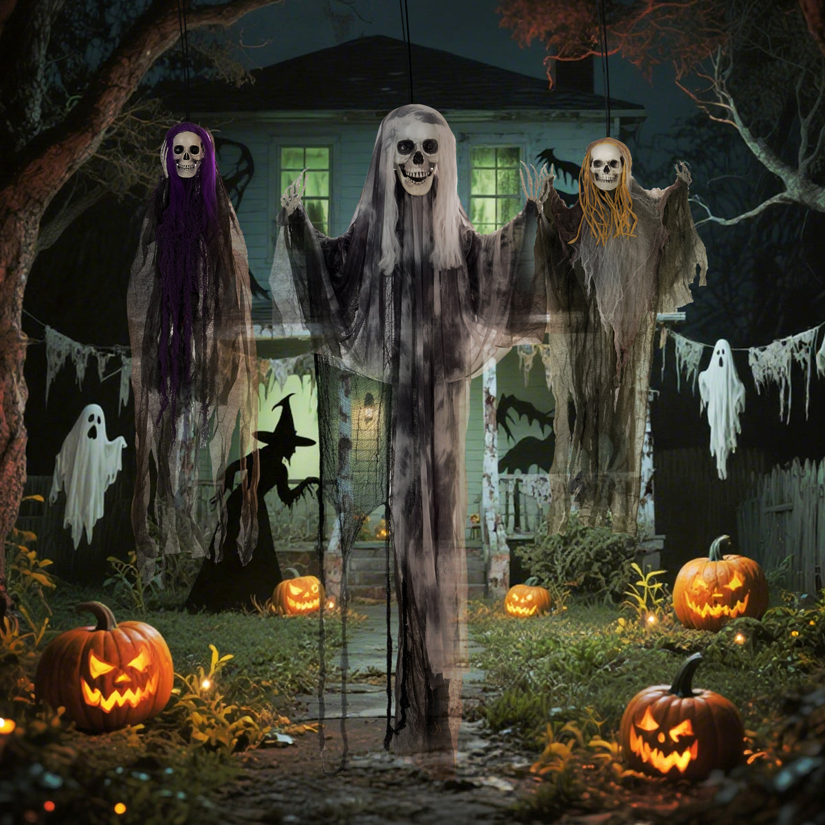 Set of 3 Hanging Skeleton, Flying Ghost Halloween Decorations