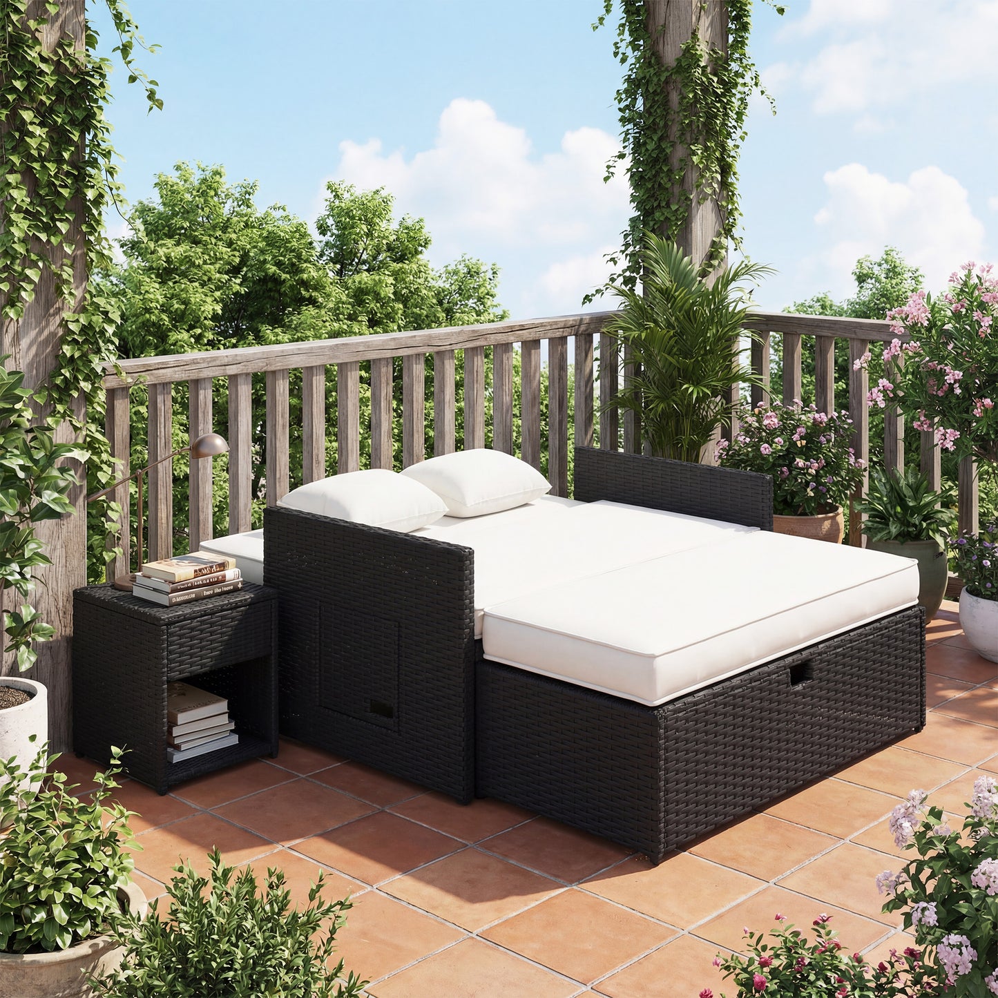 Garden Rattan Furniture Set 2 Seater Patio Sun Lounger Daybed Cream