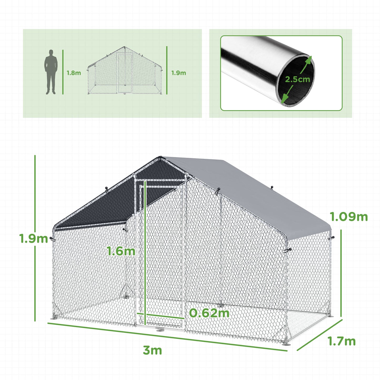Walk In Chicken Run Large Galvanised Chicken Coop w/ Cover 3 x 1.7 x 1.9m