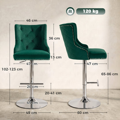 Bar Stools Set of 2, Swivel Velvet Barstools with Footrest, Green