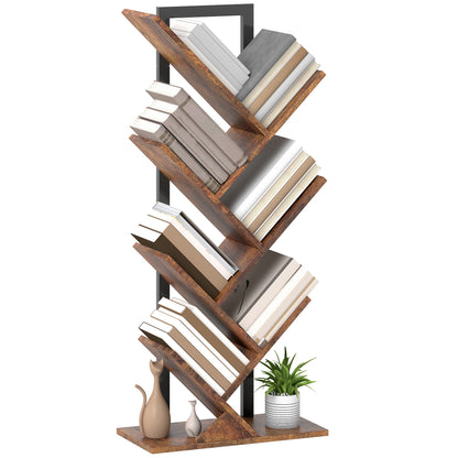 7-Tier Tree Bookshelf with Steel Frame for Living Room, Rustic Brown