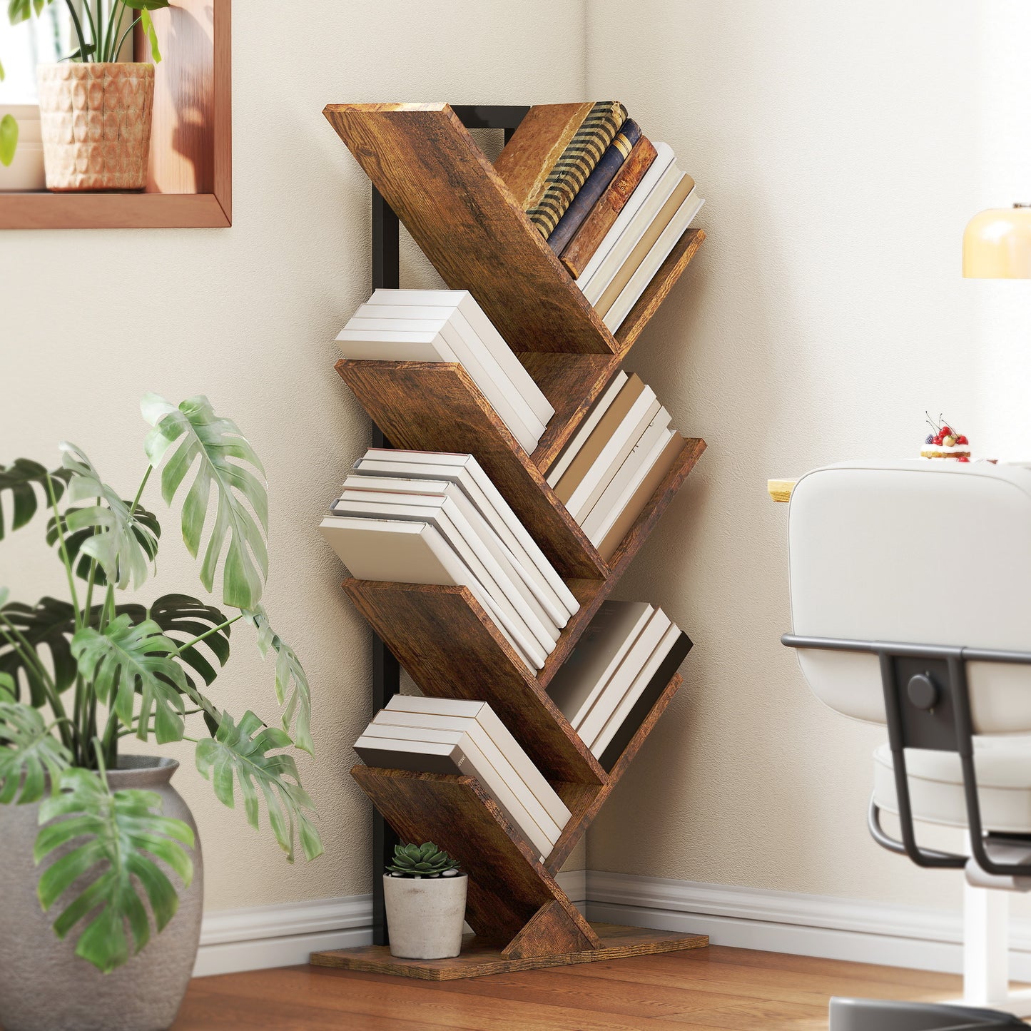 7-Tier Tree Bookshelf with Steel Frame for Living Room, Rustic Brown