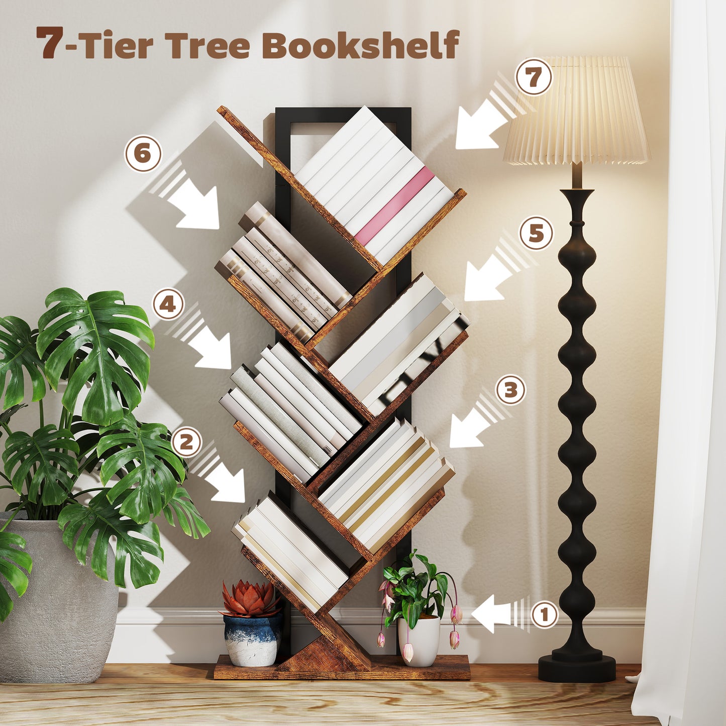 7-Tier Tree Bookshelf with Steel Frame for Living Room, Rustic Brown