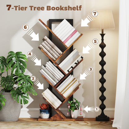 7-Tier Tree Bookshelf with Steel Frame for Living Room, Rustic Brown