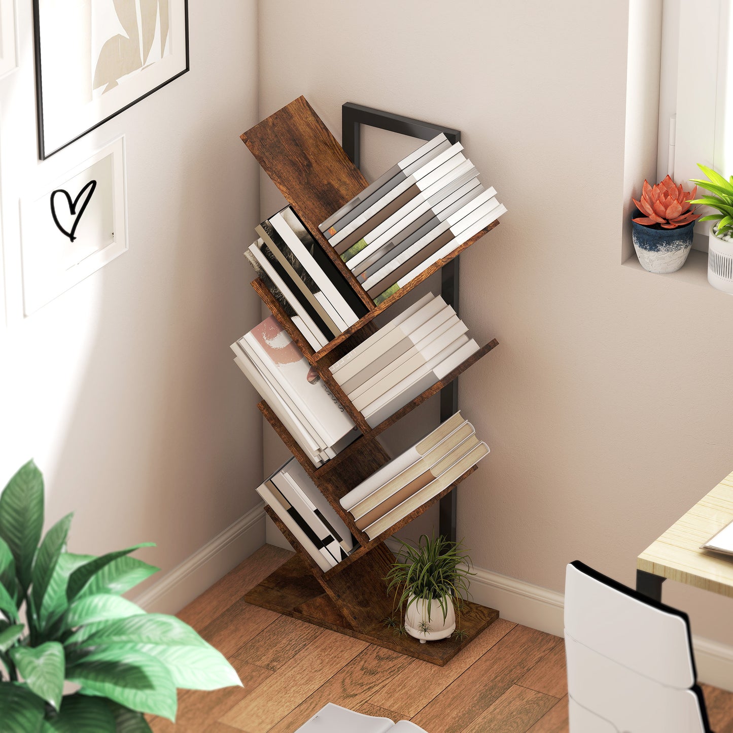 7-Tier Tree Bookshelf with Steel Frame for Living Room, Rustic Brown
