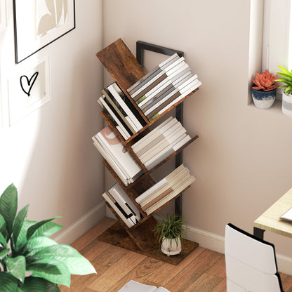 7-Tier Tree Bookshelf with Steel Frame for Living Room, Rustic Brown