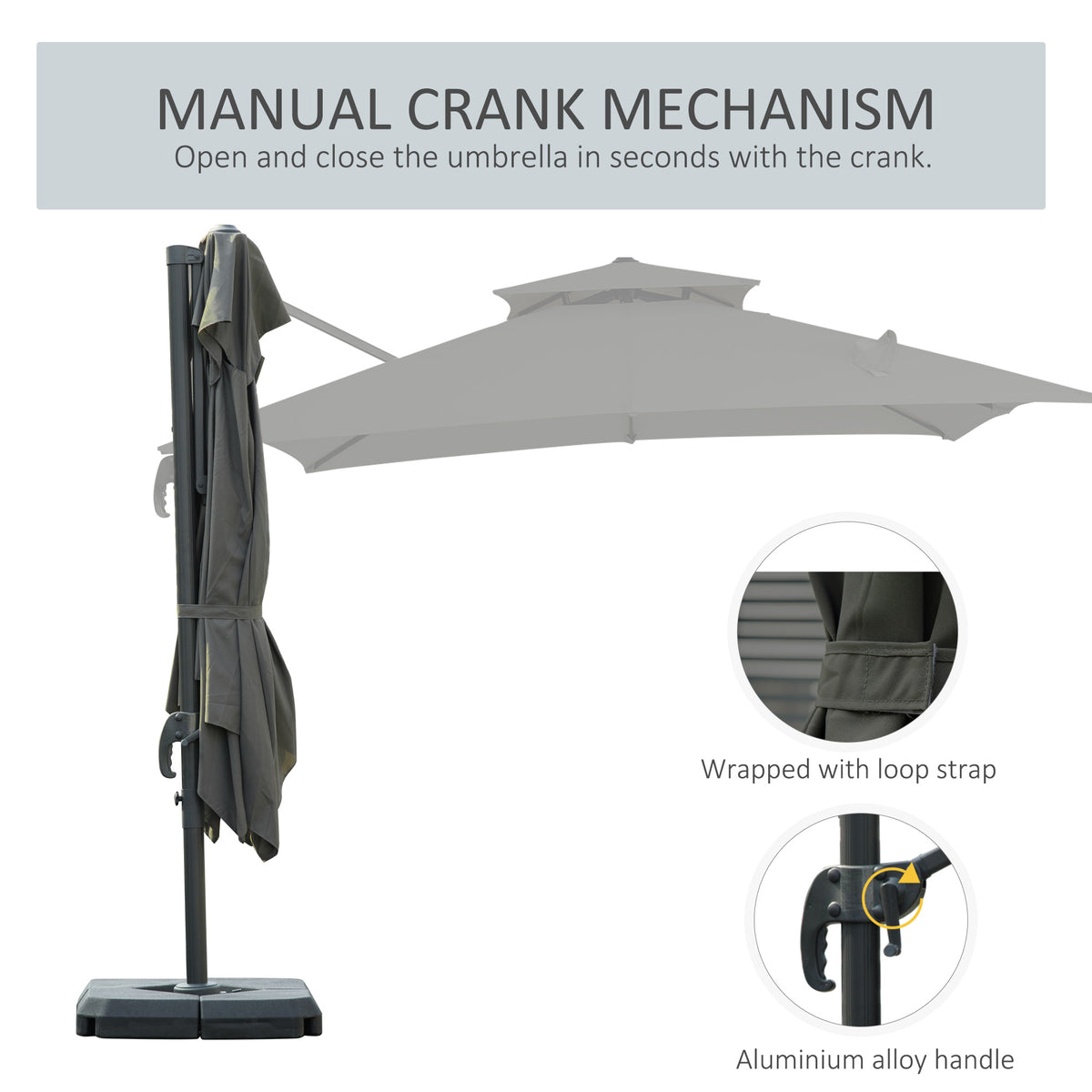Cantilever Garden Parasol with Tilt, Rotation, Fillable Base Weights and Cover - Dark Grey