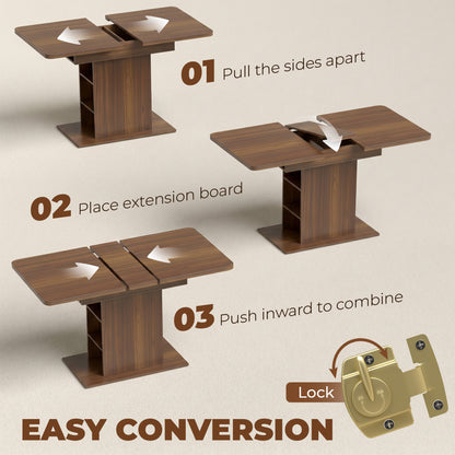 Extendable Dining Table for 4-6 People, 110-130cm Kitchen Table with 6 Open Shelves, Storage Compartment for Home, Living Room, Small Spaces, Walnut Brown