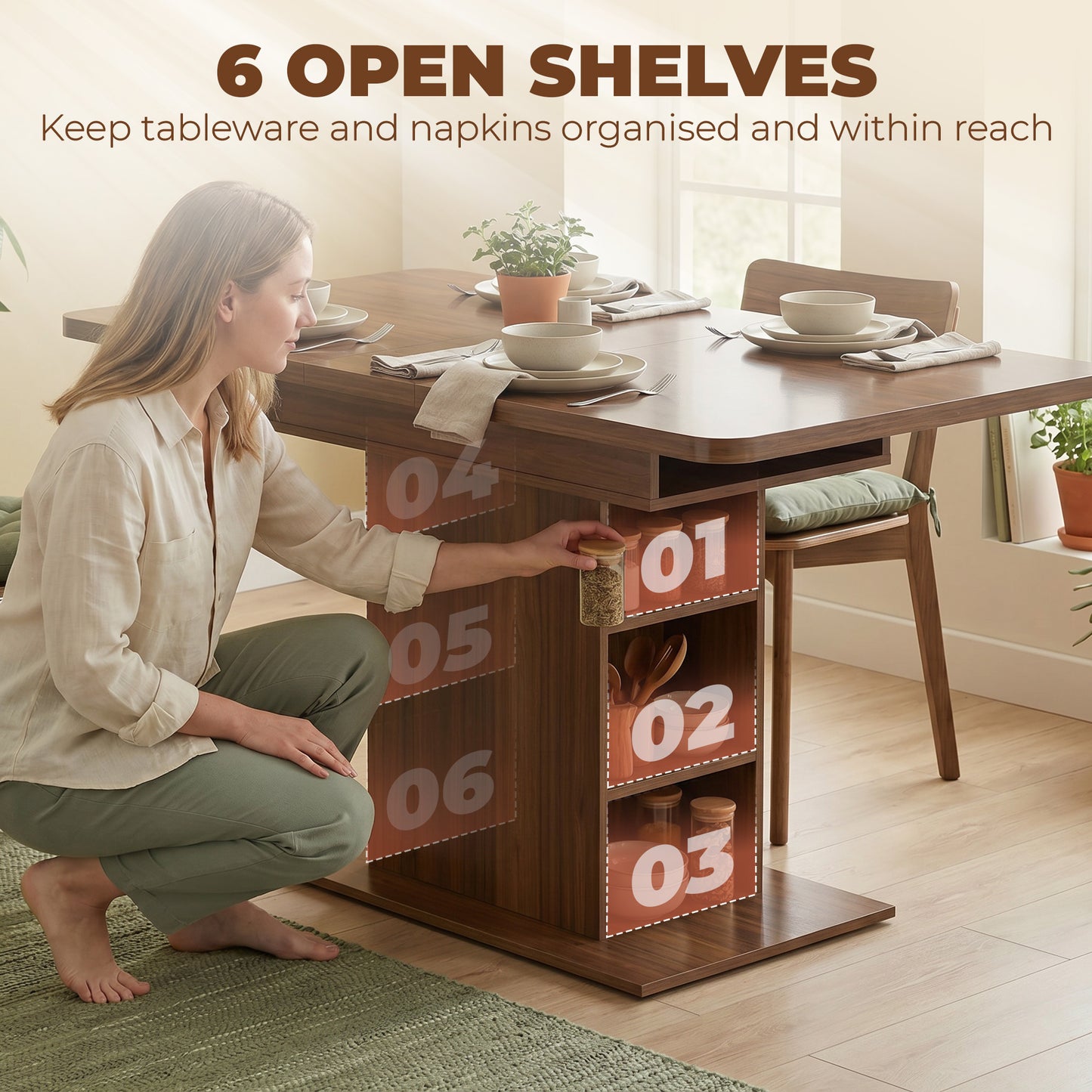 Extendable Dining Table for 4-6 People, 110-130cm Kitchen Table with 6 Open Shelves, Storage Compartment for Home, Living Room, Small Spaces, Walnut Brown