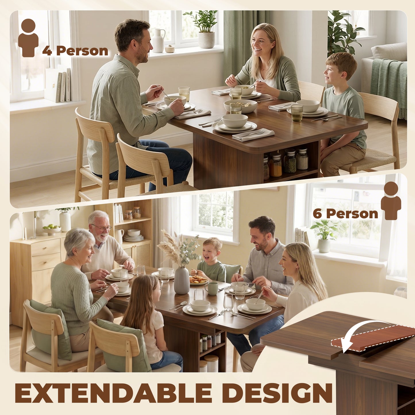 Extendable Dining Table for 4-6 People, 110-130cm Kitchen Table with 6 Open Shelves, Storage Compartment for Home, Living Room, Small Spaces, Walnut Brown