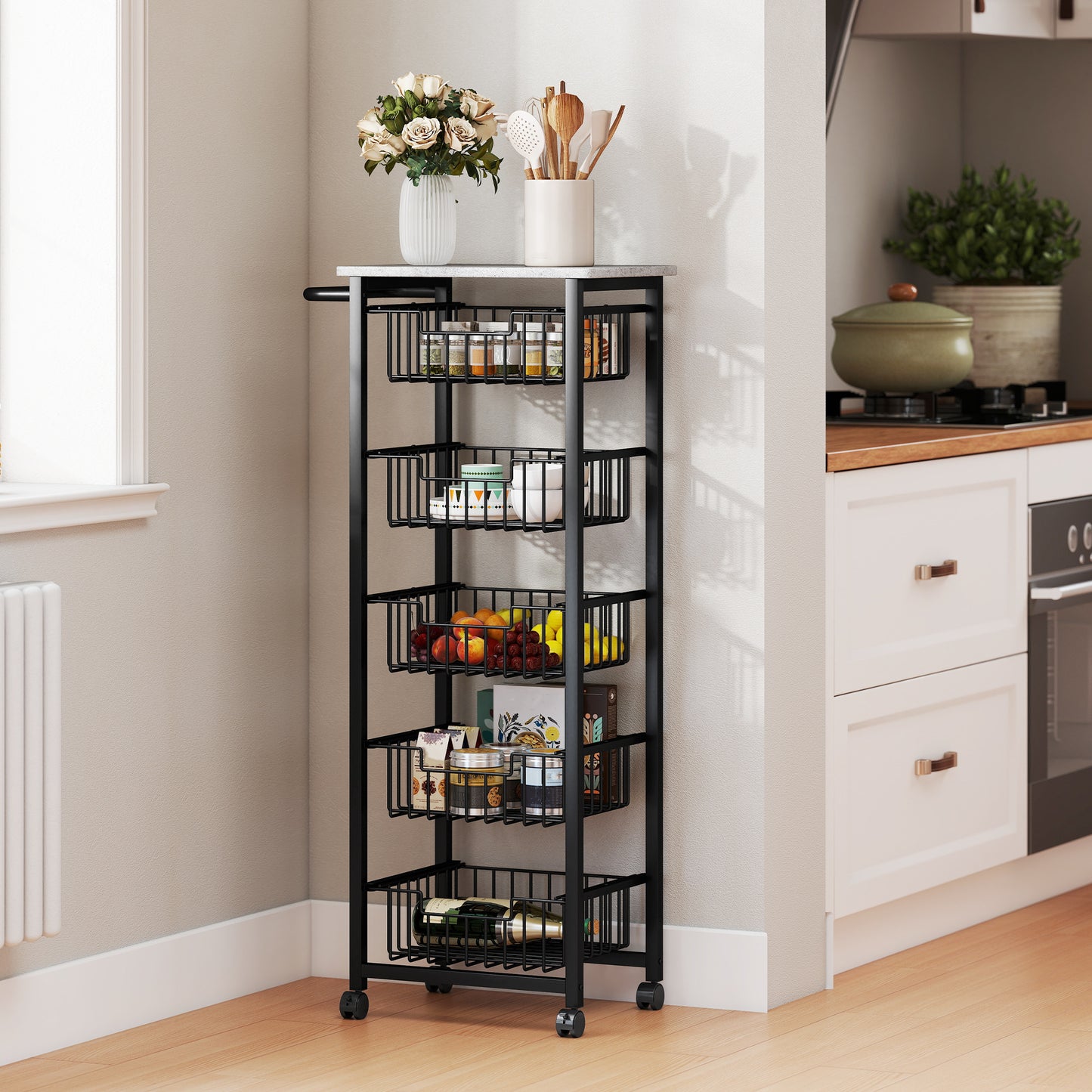 5-Tier Kitchen Island on Wheels with 5 Pull-Out Baskets, Light Grey