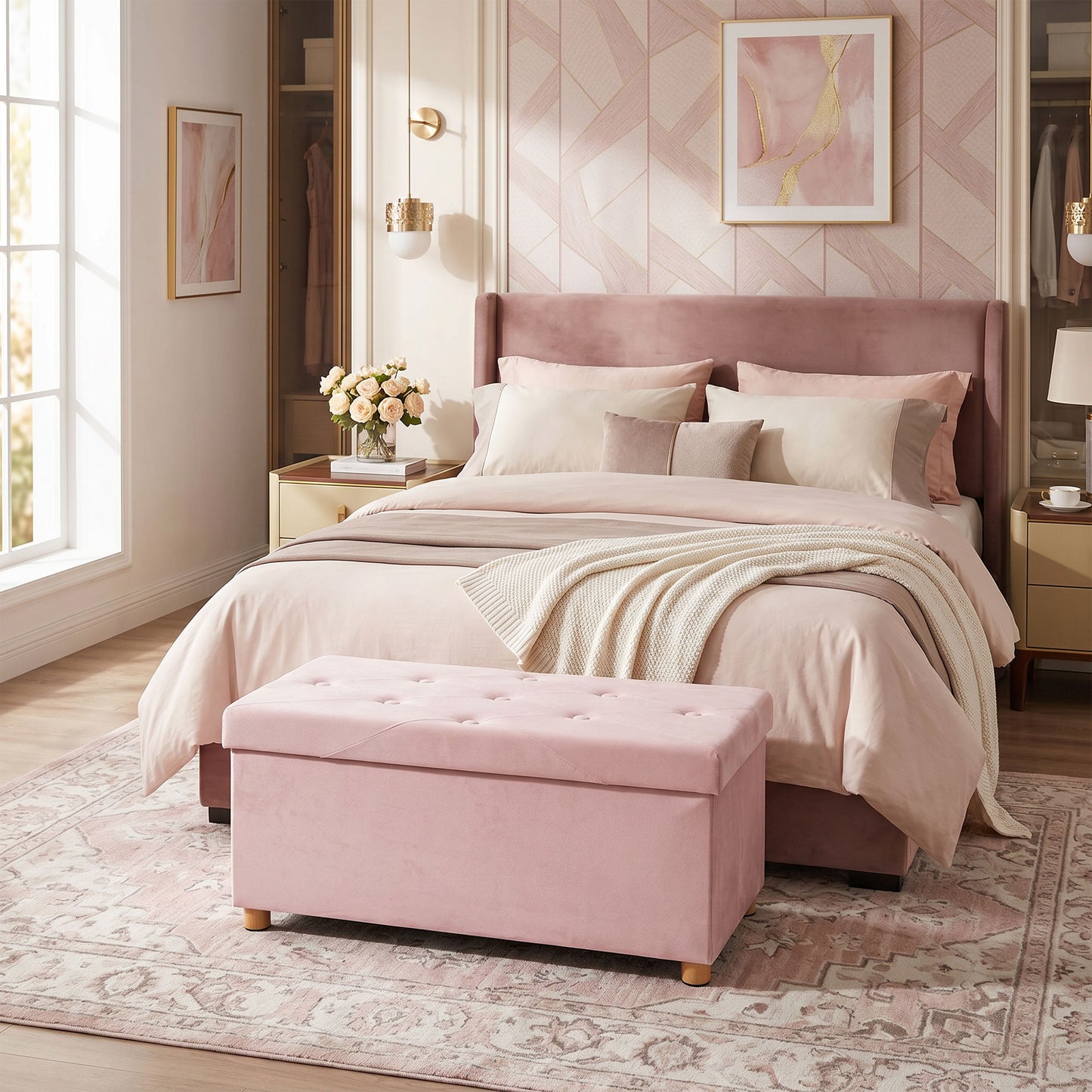 Velvet Upholstered Foldable Ottoman Footrest with Wood Legs, Pink