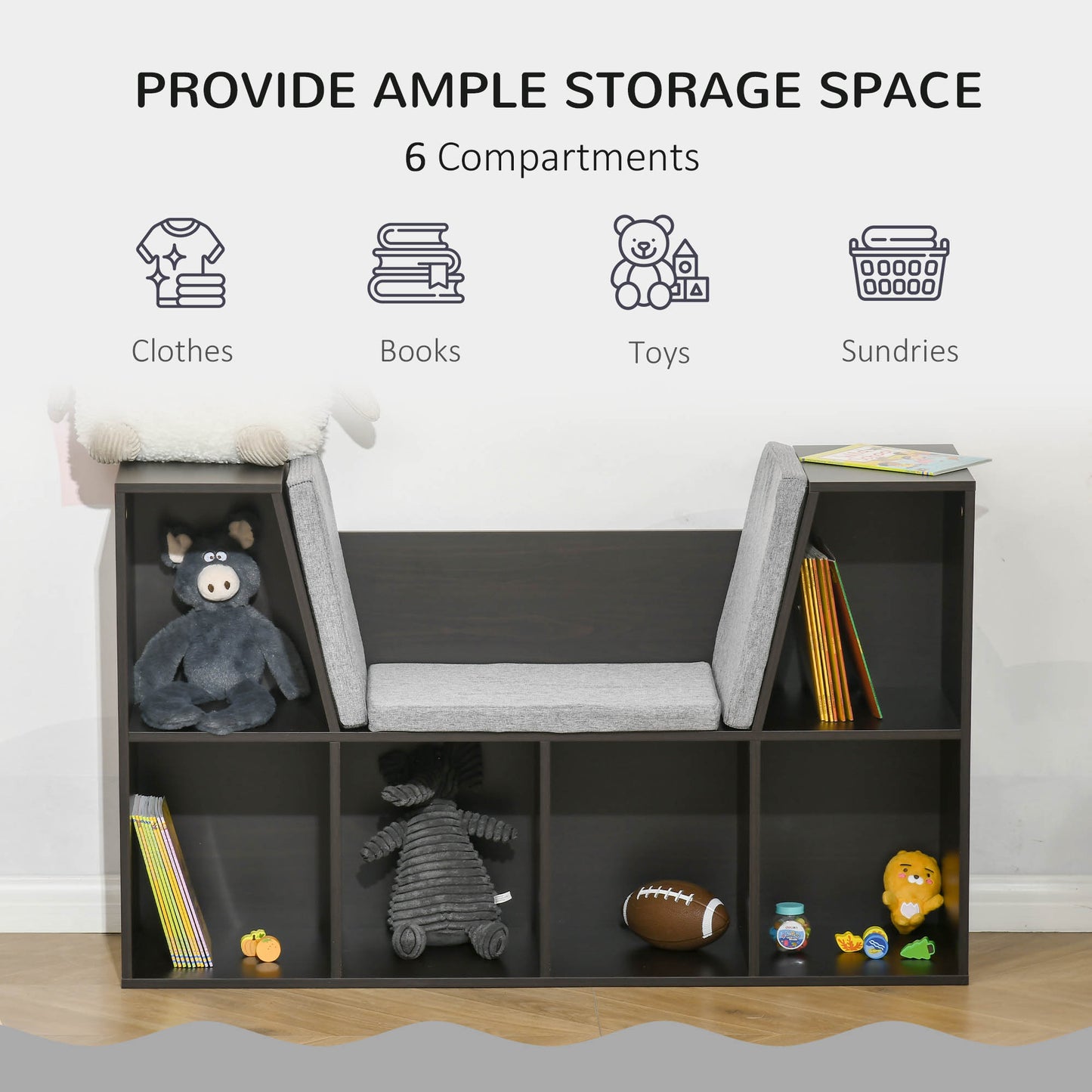 Kids Cabinet w/ Six Compartments for Toys, Clothes, Books - Brown
