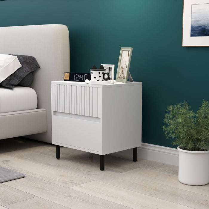 Bedside Table with 2 Drawers and Steel Legs for Bedroom, White