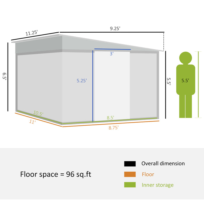 Garden Metal Storage Shed Outdoor Metal Tool House with Double Sliding Doors and 2 Air Vents, 11.3x9.2ft, Green