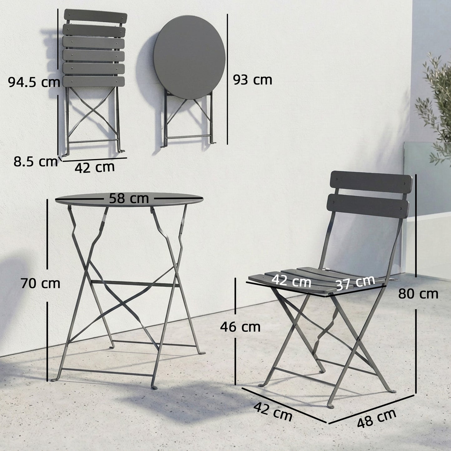Folding Bistro Set with Round Garden Table and Chairs, Grey