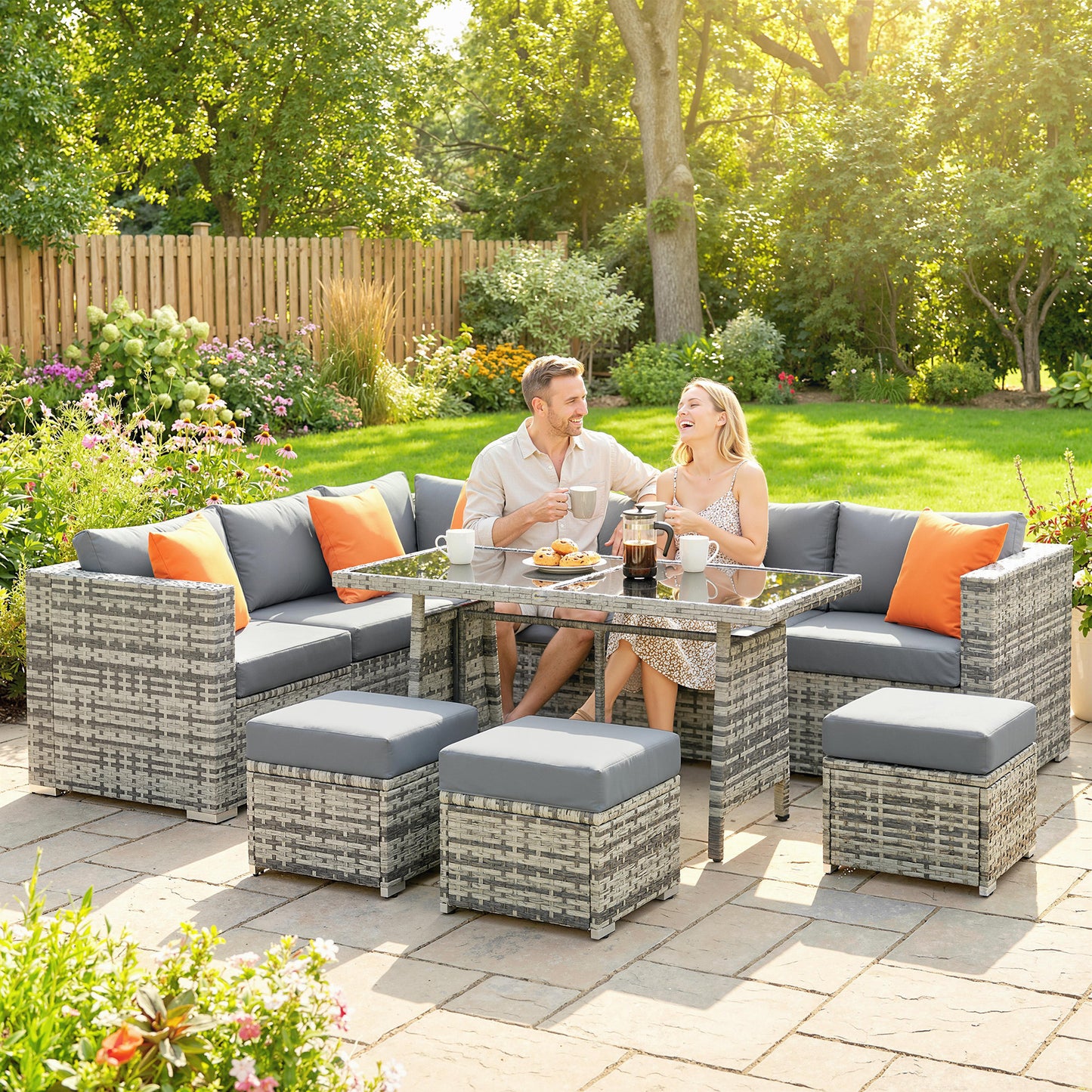 10 Piece Rattan Garden Furniture Set, 2 Corner Sofas with 4 Chairs, 4 Stools and Coffee Table, Outdoor Patio Furniture