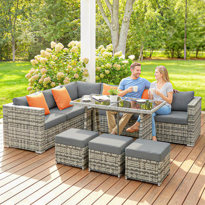 10 Piece Rattan Garden Furniture Set, 2 Corner Sofas with 4 Chairs, 4 Stools and Coffee Table, Outdoor Patio Furniture