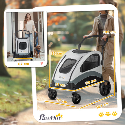 Dog Stroller Pet Pushchair Buggy Pram W/ 4 Wheels Safety Leash, Grey