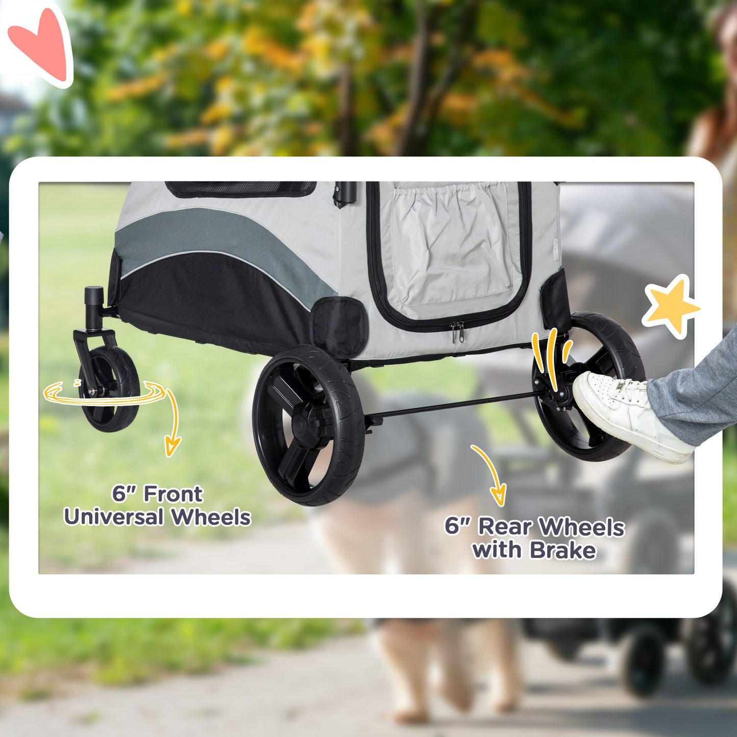 Dog Stroller Pet Pushchair Buggy Pram W/ 4 Wheels Safety Leash, Grey