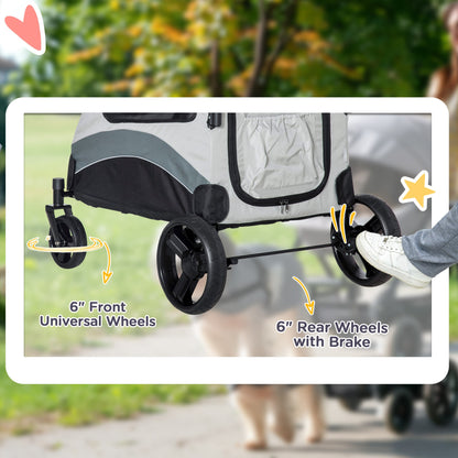 Dog Stroller Pet Pushchair Buggy Pram W/ 4 Wheels Safety Leash, Grey