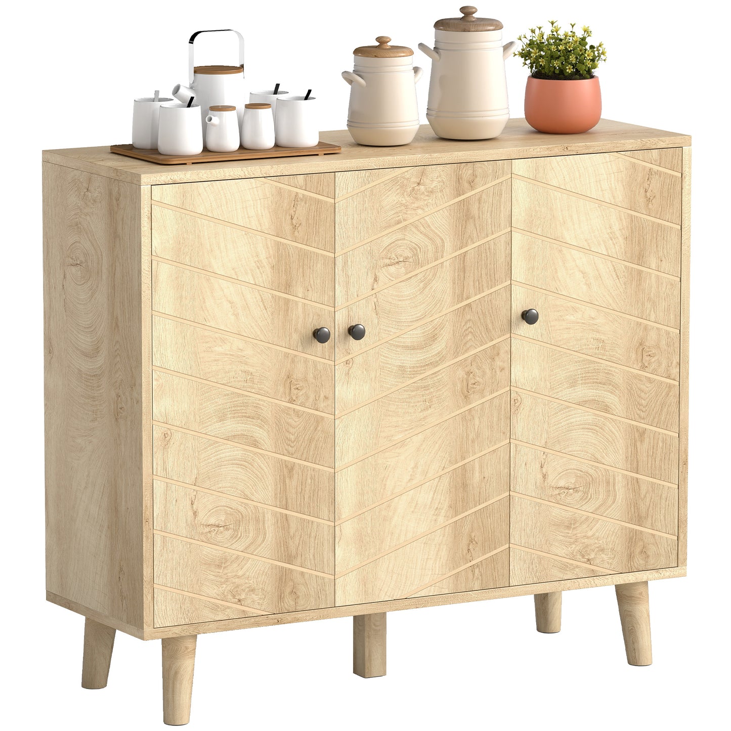 Vintage Sideboard Cabinet with 3 Chevron Doors, Natural Wood Finish