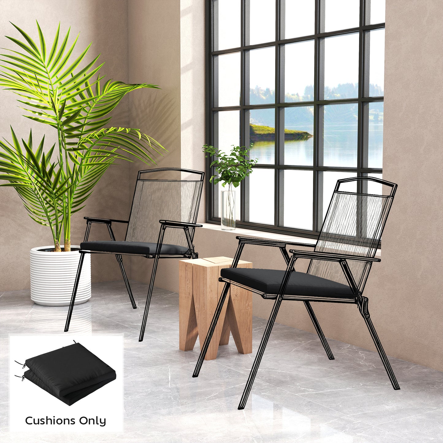 2Pcs Garden Chair Cushions, Waterproof Seat Pads, Black