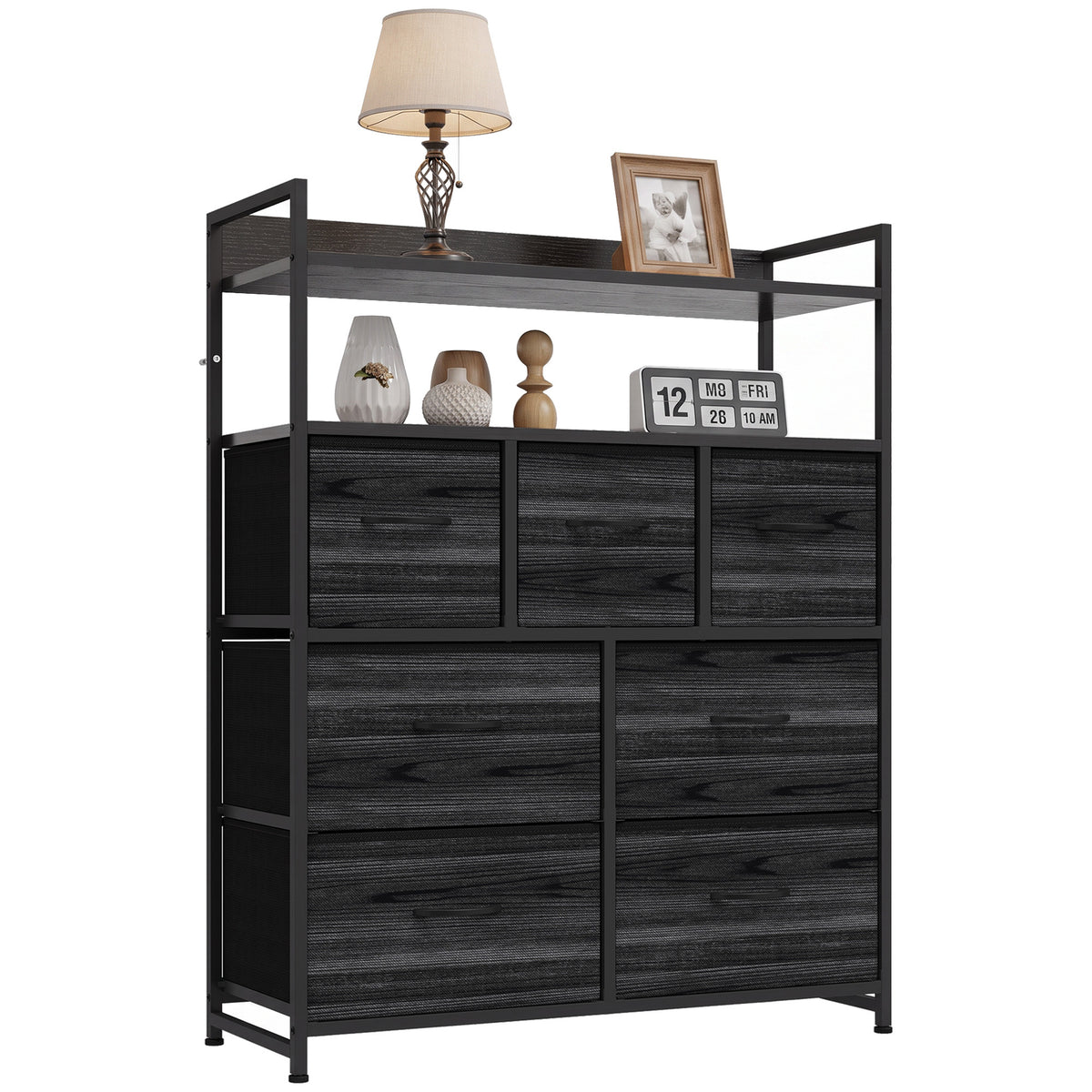 7-Drawer Fabric Chest with 2 Shelves and Steel Frame - Black Wood Effect