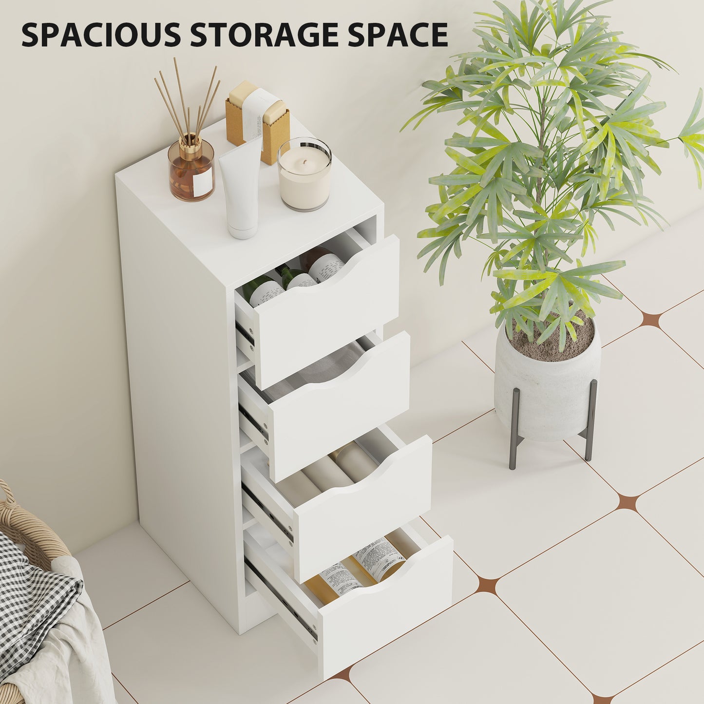 4-Drawer Bathroom Cabinet, Freestanding Narrow Cabinet, White