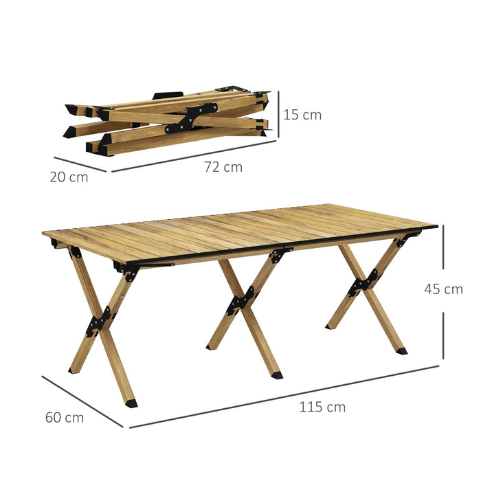 Portable Camping Table, Aluminium Folding Table with Roll-Up Top, Picnic Table for Indoor, Outdoor, Party, BBQ, Beach, Natural Wood Effect