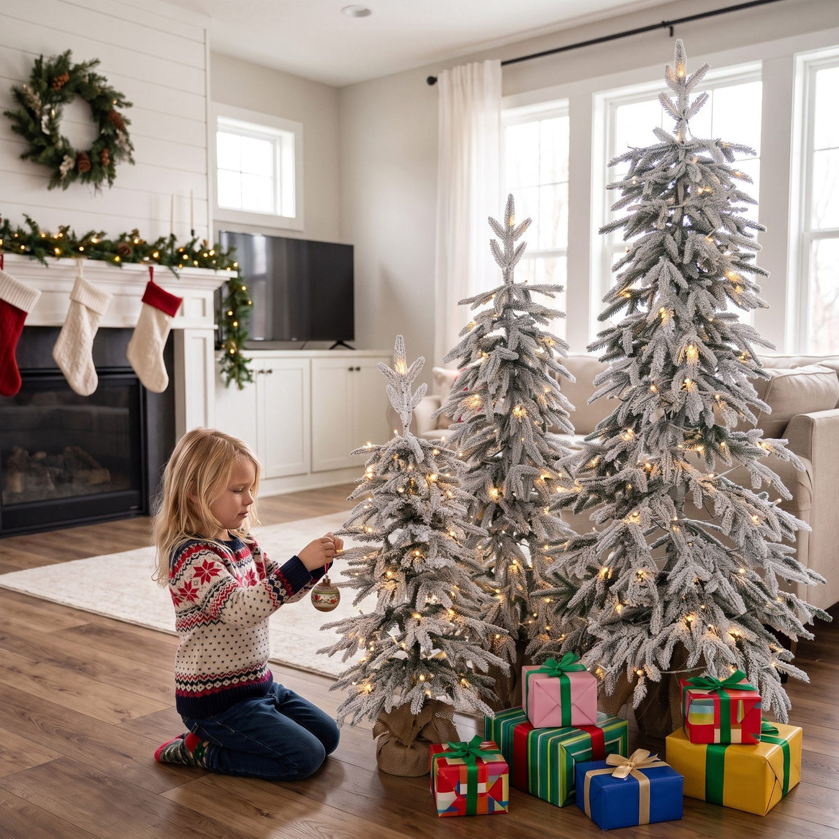 Prelit Flocked Artificial Christmas Tree Set of 3, 3FT/4FT/5FT