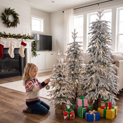 Prelit Flocked Artificial Christmas Tree Set of 3, 3FT/4FT/5FT