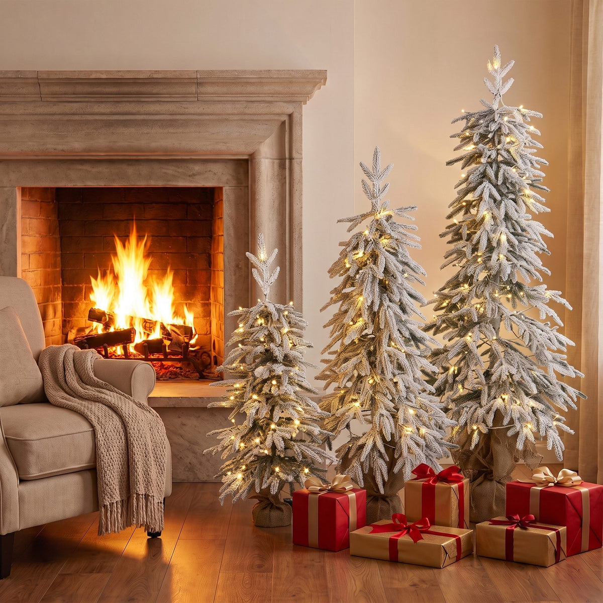 Prelit Flocked Artificial Christmas Tree Set of 3, 3FT/4FT/5FT