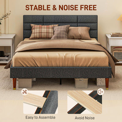Upholstered Double Bed Frame w/ Wooden Slat No Box Spring Needed