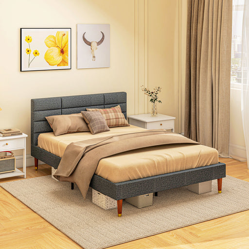 Upholstered Double Bed Frame w/ Wooden Slat No Box Spring Needed