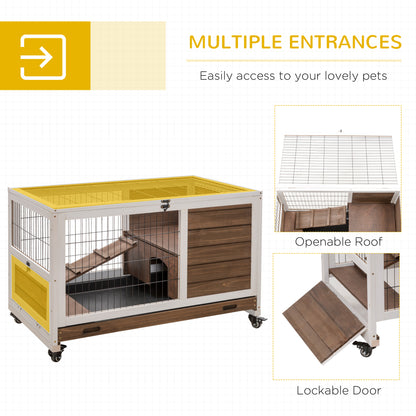 Rabbit Cages, Guinea Pig Hutch w/ Roof & Wheels, No-Leak Tray, Brown
