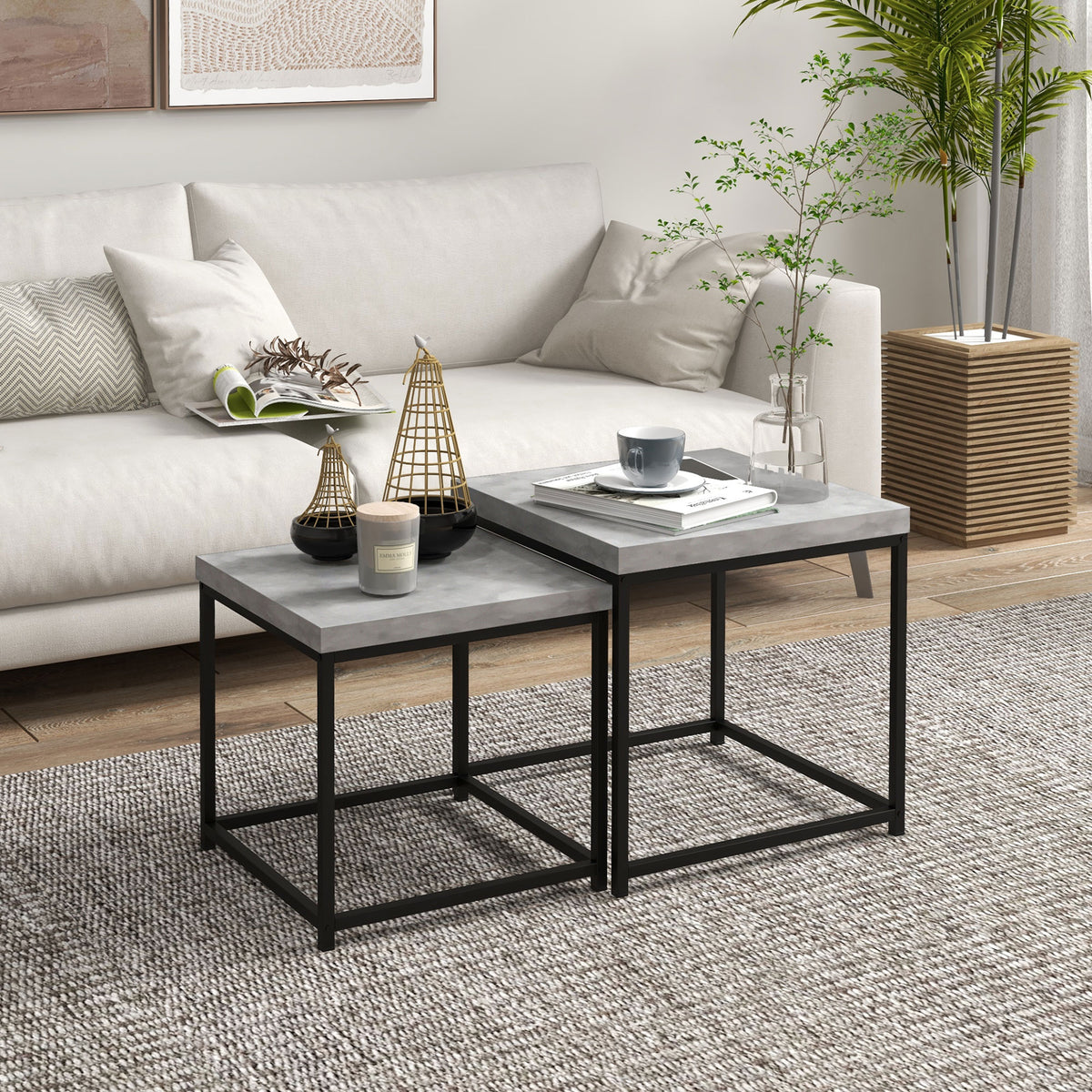 Coffee Table Set of 2, Nest of Tables with 3.5cm Thick Tabletop, Grey