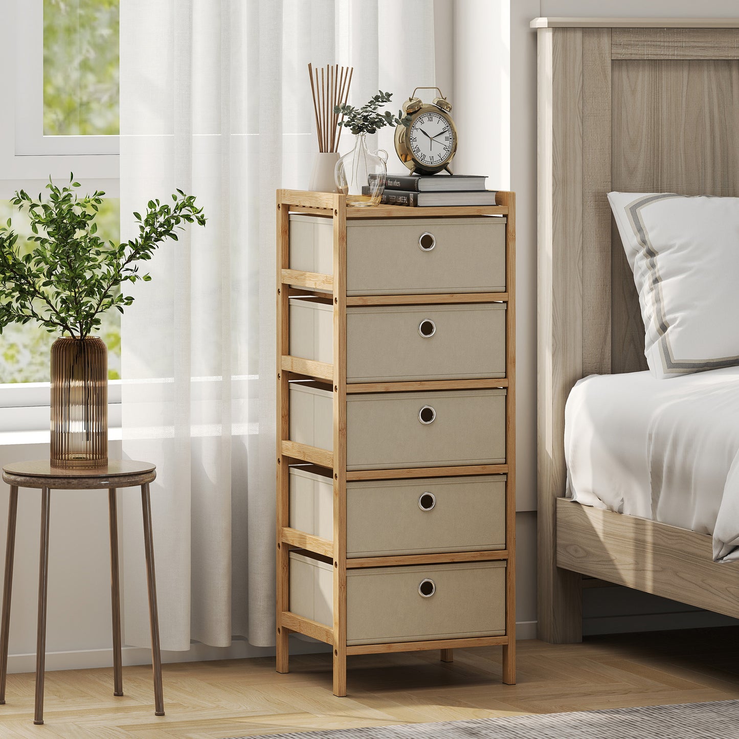 Chest of Drawers, 5 Drawers Dresser with Bamboo Frame, Cream White