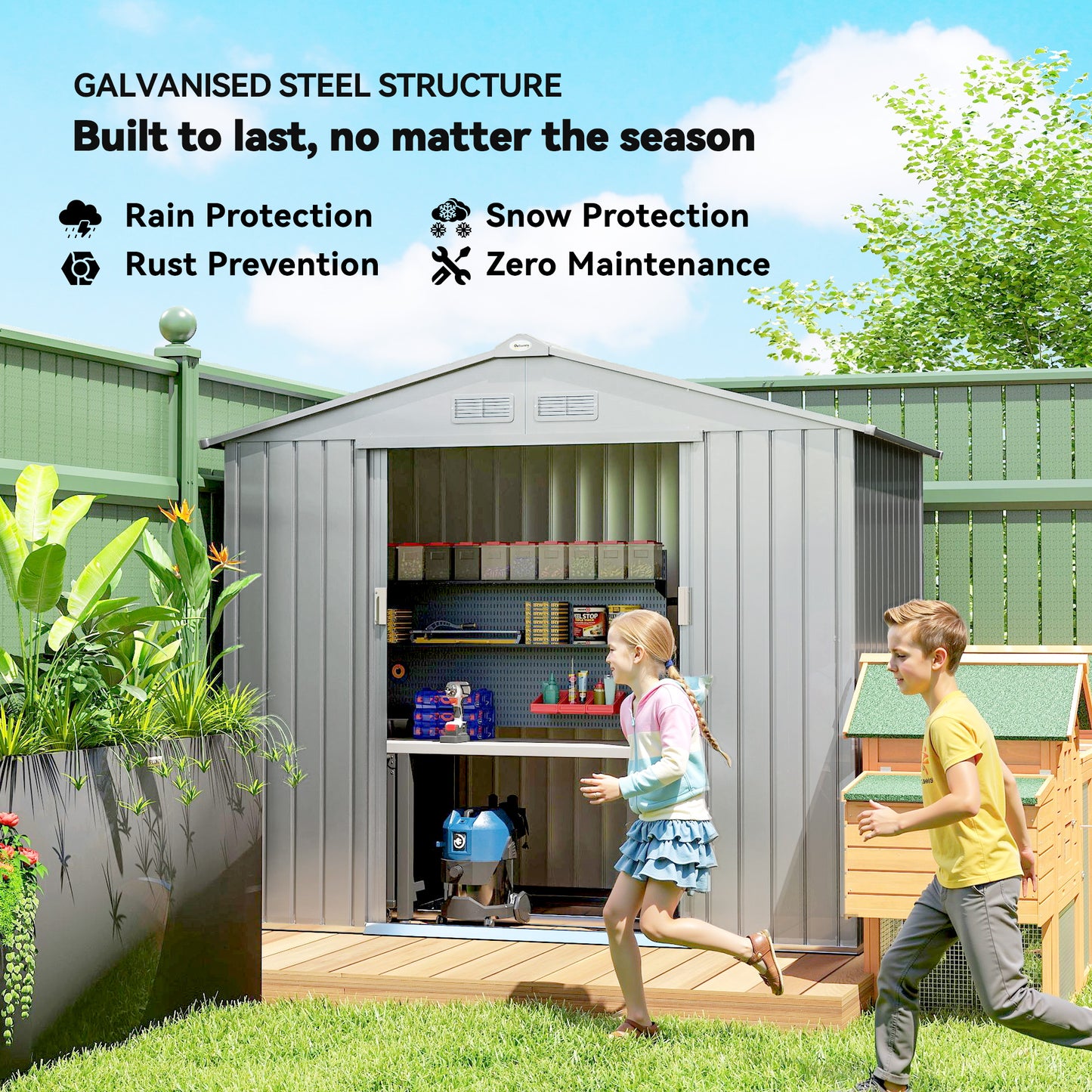 7 x 4ft Garden Shed Storage w/ Foundation Kit, Vents, Light Grey