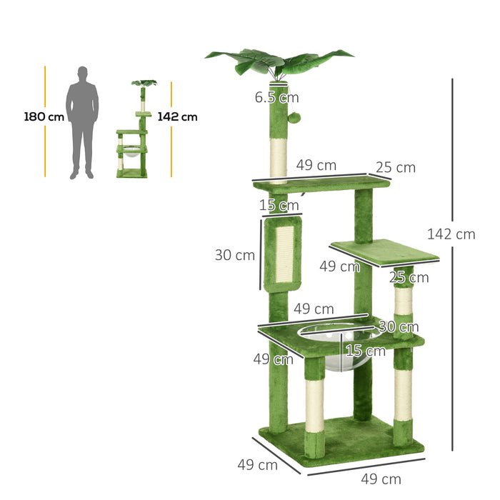 142cm Cat Tree Tower, with Scratching Post, Hammock, Toy Ball, Platforms - Green