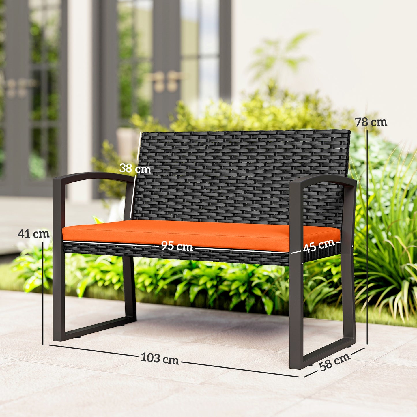 2 Seater Rattan Garden Bench with Cushion, Steel Frame, Orange