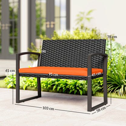 2 Seater Rattan Garden Bench with Cushion, Steel Frame, Orange