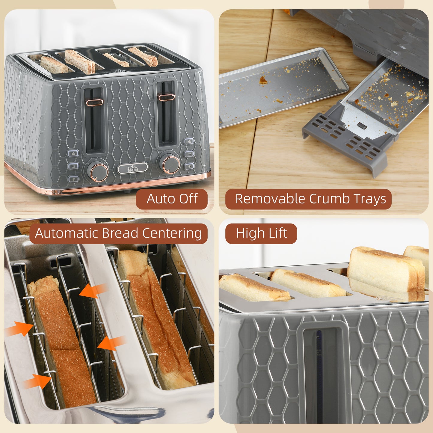 Toaster with 4 Slot, 7 Browning Levels, 1600W, Grey Honeycomb