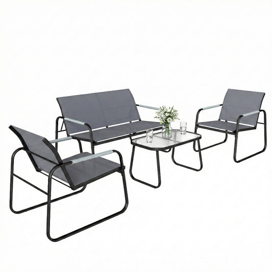 Garden Sofa Set with Loveseat, 2 Armchairs, Tempered Glass Table