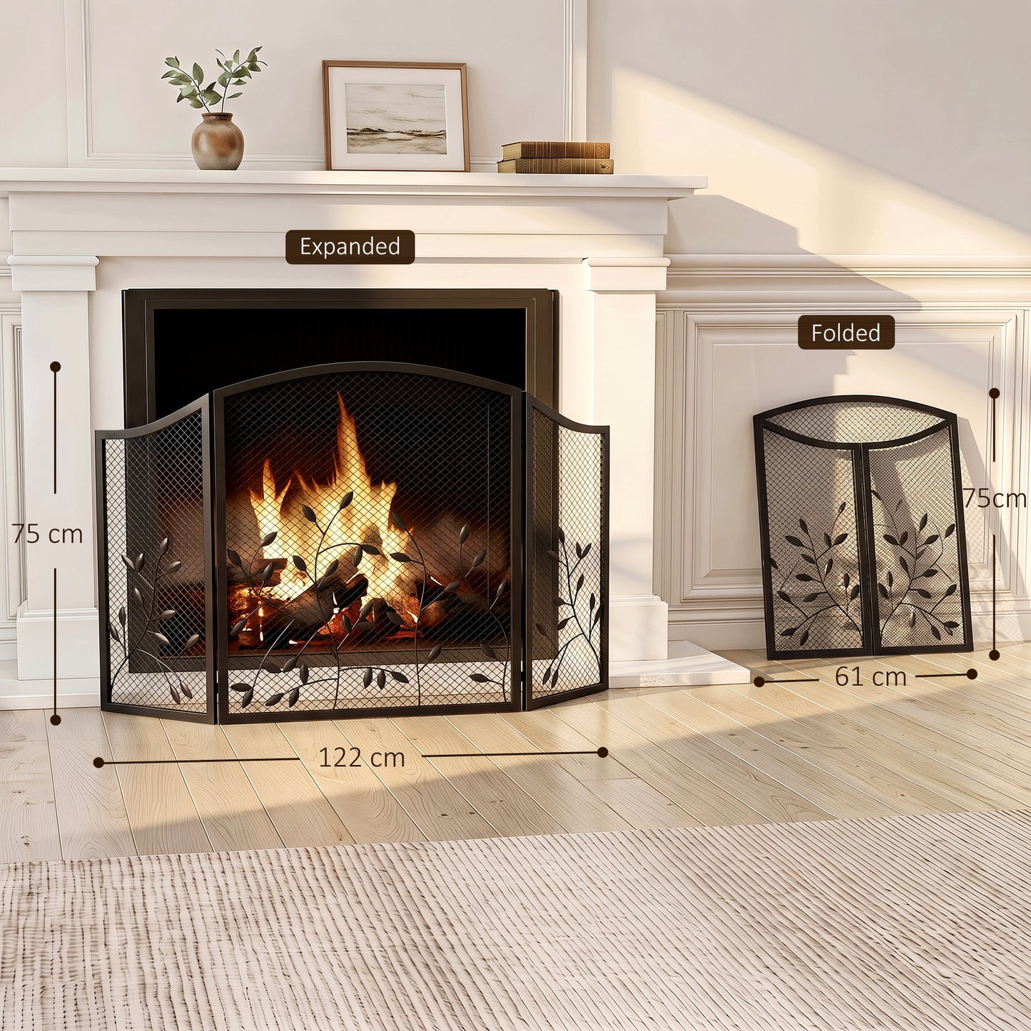 3-Panel Folding Fireplace Screen for Protection, Black